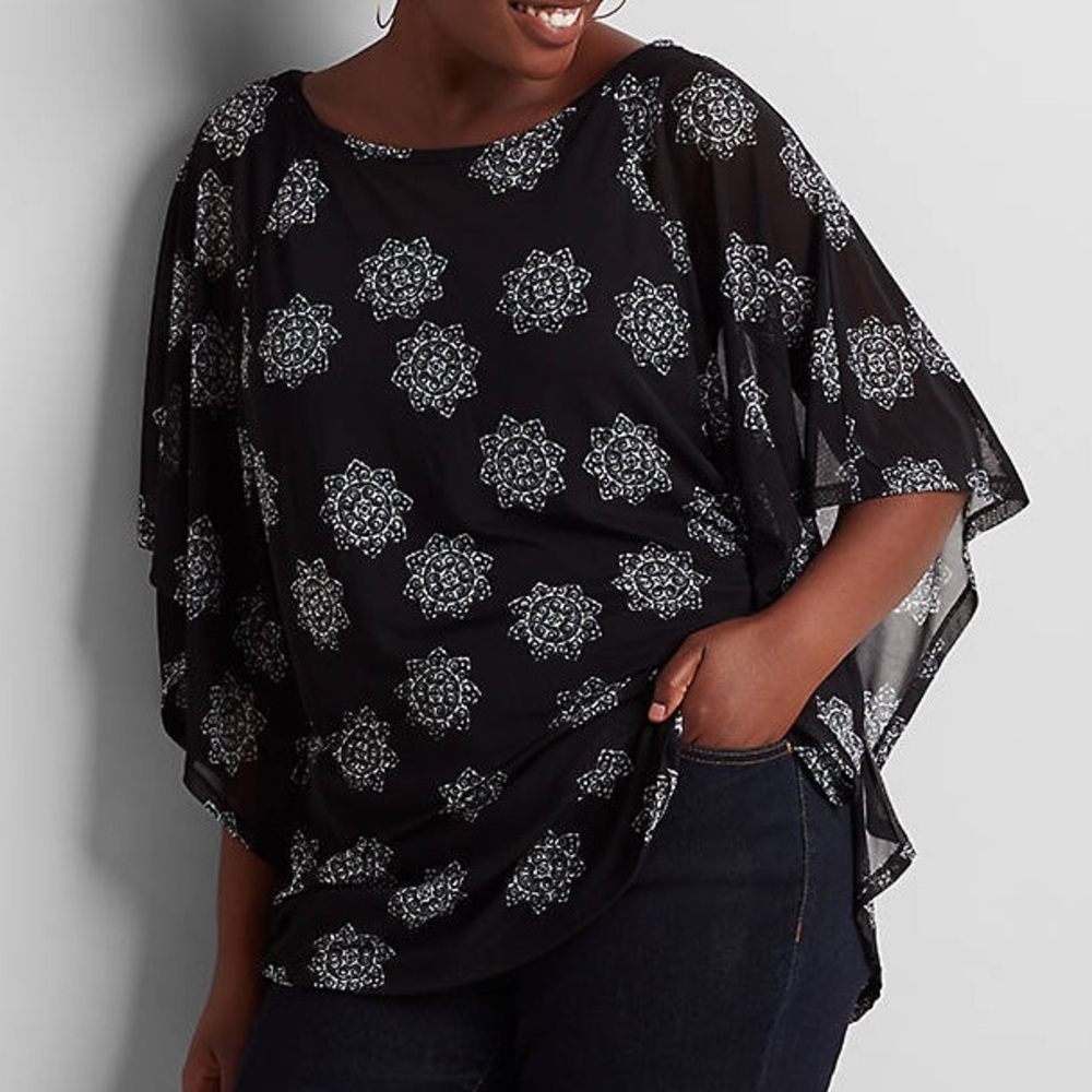 LANE BRYANT Printed Mesh Poncho Top Black & White Vintage Medallion Print 26/28